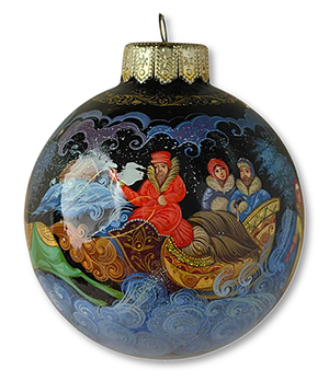 Шар с ручной росписью Новогодние игрушки 100 мм в ларце «Тройка». Холуй.  ПМ18